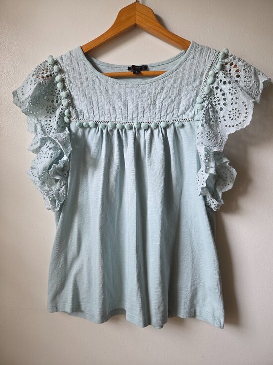 J. Crew Tops - EUC J CREW COTTON BABY BLUE FLUTTER SLEEVES BRODERIE ANGLAISE TOP SIZE M